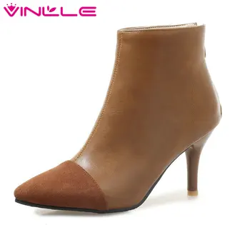 

VINLLE 2020 Women Shoes Ankle Boots Thin High Heel Flock+PU Pointed Toe Western Style Zipper Ladies Motorcycle Shoes Size 34-43