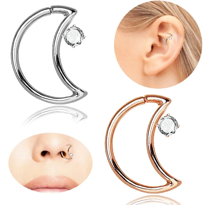

Pinksee Trendy 2 Styles Gold Silver Color Clip Moon Nose Piercing for Women Crystal Nose Rings Ear Piercing Jewelry