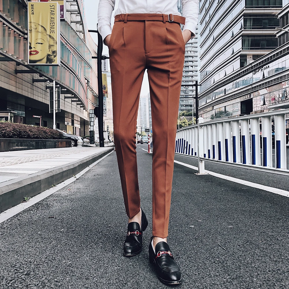 

2019 Male High-grade Solid Color Mens Brown Trousers Slim Fit Business Suit Pants Men's Suit Trousers Pantalon Homme Costume