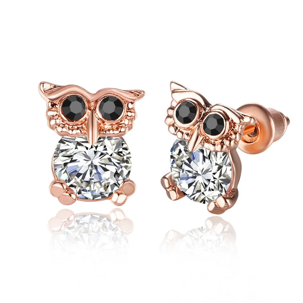Cute Gold Owl Earrings Austrian Crystal
