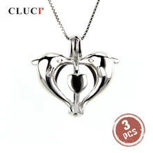 CLUCI 3 шт. серебро 925 пробы двойной Дельфин жемчуг в форме сердца медальон Серебро 925 Подвески Клетка Подвесные женские украшения