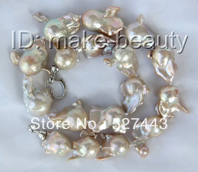 

Wholesale free shipping >>stunning big 35mm baroque champagne keshi reborn freshwater pearl necklace