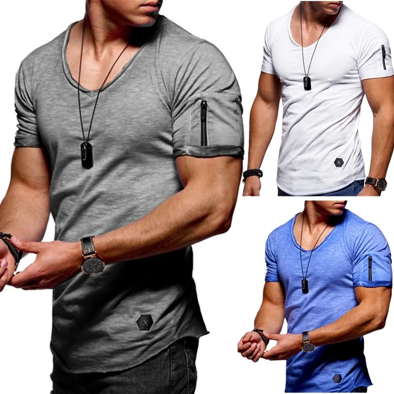 

2019 New V collar T shirt Men Fitness Bodybulding T shirts High Street Summer Short Sleeve Zipper t-shirts tops Plus Size S-5XL