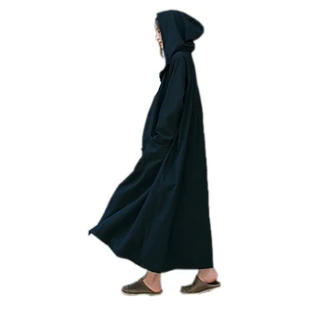 

Cotton and linen Women long Poncho Winter Shawl Cape hooded extra long button outwear coat tops