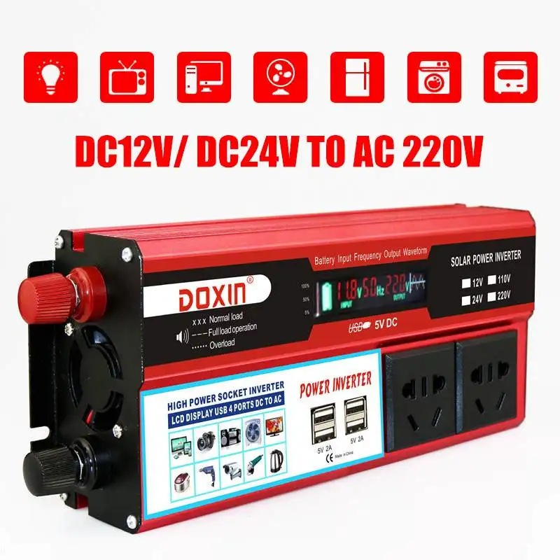 

6000W LCD Display Solar Car Power Inverter Charger DC12/24V to AC220V Sine Wave Converter Adapter Transformer 4 USB Interfaces