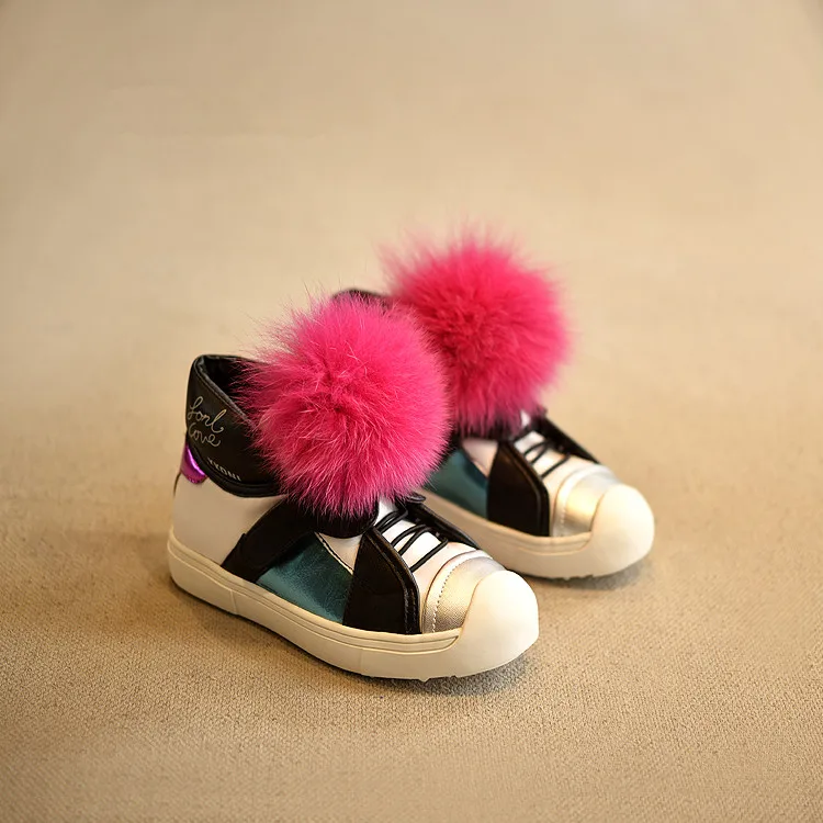 

[Clearance Sale] Brand Design Girl's Real Fox Fur Ball Fashion High Top Sneakers Autumn Winter Kid's Casual Sports Shoe