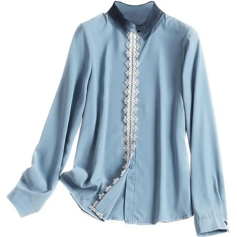 Elegant Lace chiffon shirt Solid turn down collar long