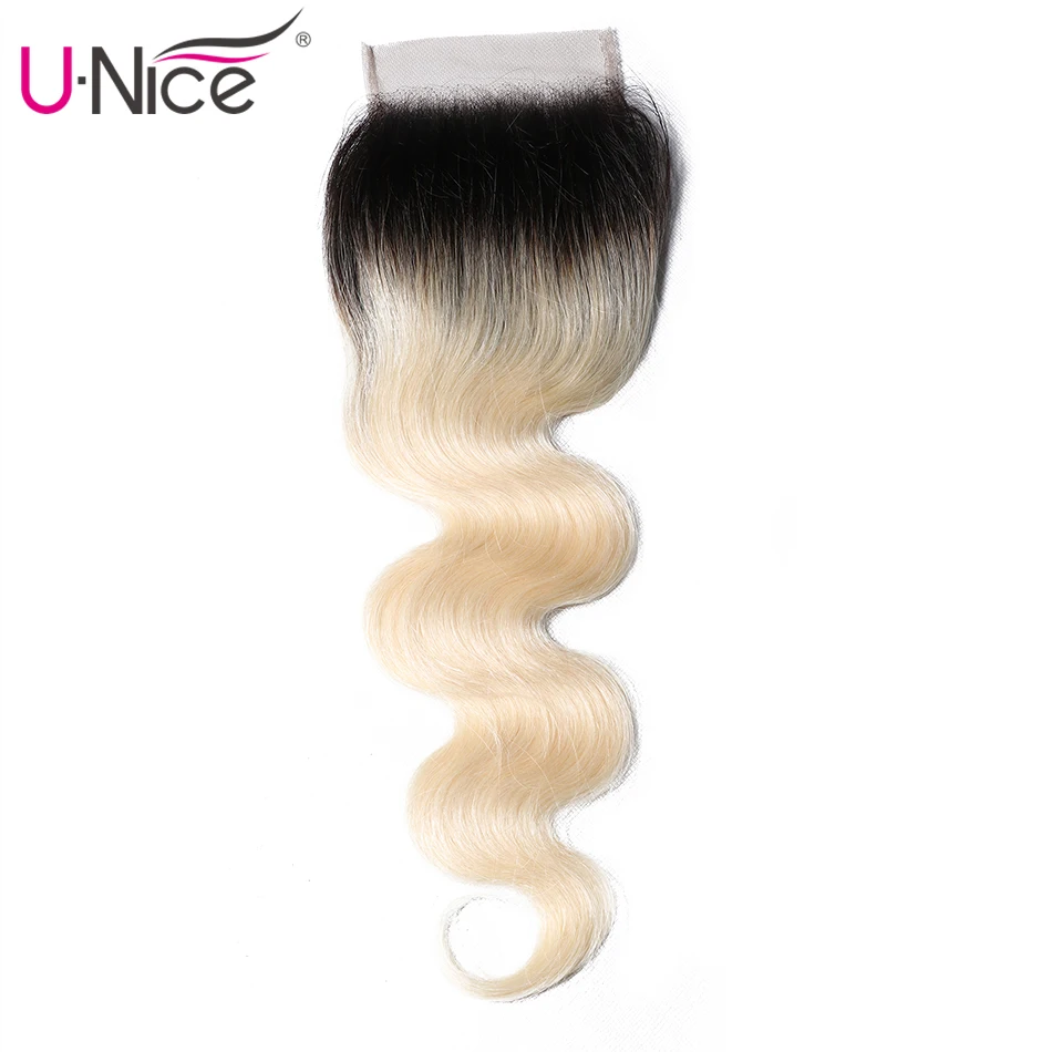 

UNice Hair Brazilian Body Wave Closure Swiss Lace #1B/613 Blonde Ombre hair Free Part Human Hair Lace Closure 1 Piece 8"-18"