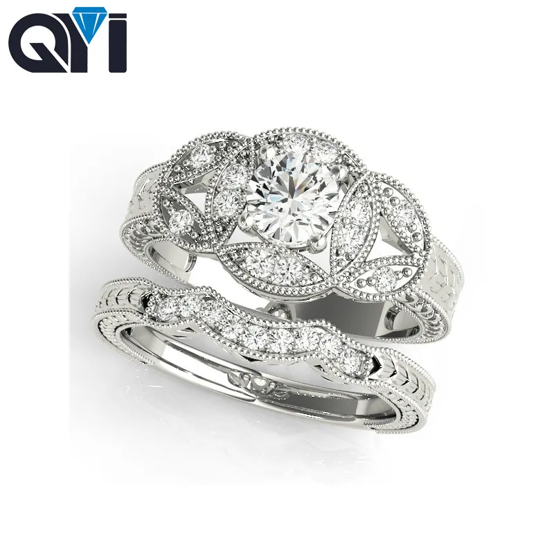 

QYI 925 sterling silver Unique antique design wedding ring set natural luxury zircon jewelry ring quality perfect wholesale