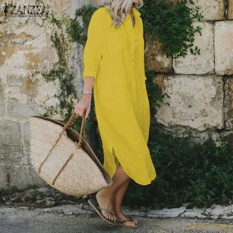 Koop 2019 Zanzea Vrouwen Lange Shirts Jurk Office Lady Werk Jurken Casual Solid Revers Vestidos Katoenen Tuniek Shirt Gewaad Femme Jurken