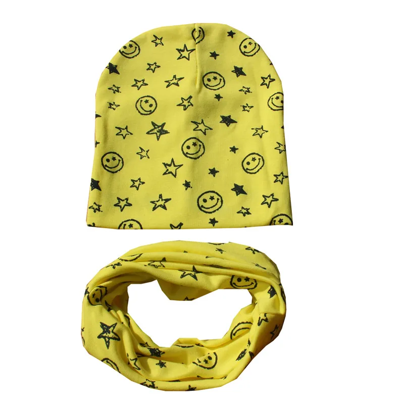 Новая весенняя шапка для девочек, осенне-зимняя мягкая детская шапка, вязанная шапка для мальчика, Милый хлопковый Детский шарф с кольцом и воротником, детская шапка, набор шарфов - Цвет: smile yellow
