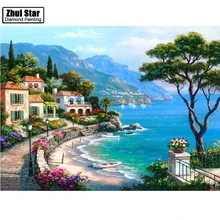 Diy diamante bordado villa junto al mar plaza llena de perforación de diamante punto de cruz pintura paisaje natural mosaico imagen zs