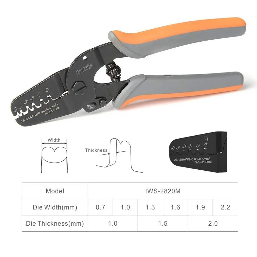 En Ligne Outils de sertissage de bornes de IWS 2820 pour bornier et connecteur Molex Tyco JST 0.08 0.5mm ² (28 20AWG) Mini pince à sertir