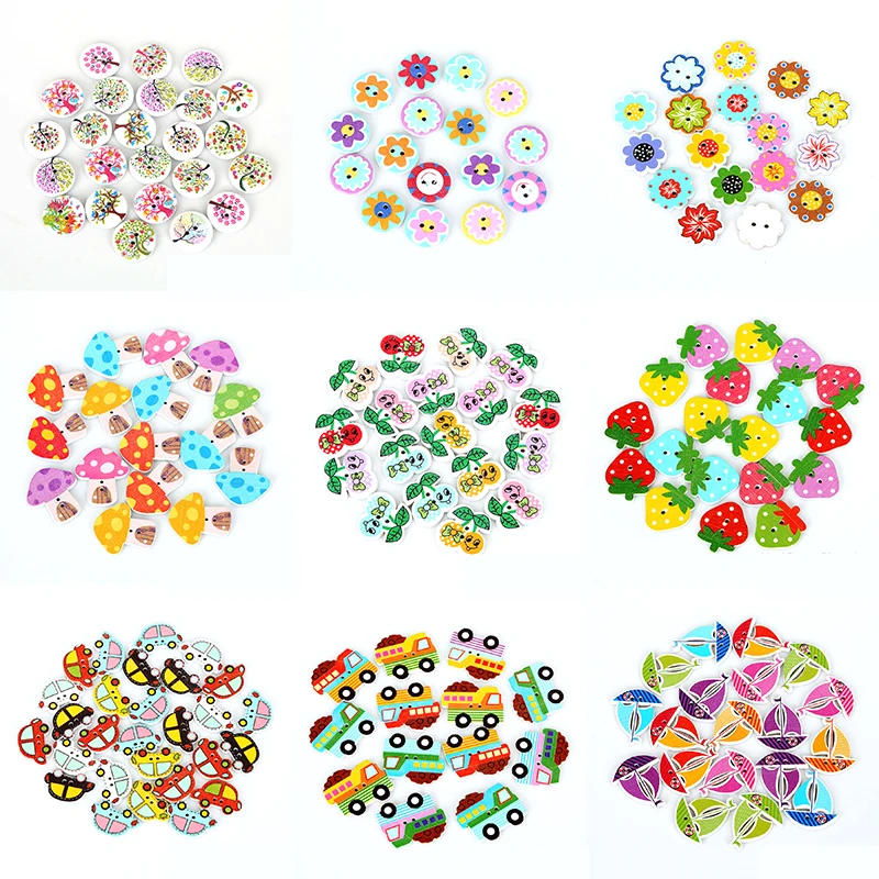 

50pcs 2 Hole Flatback Wood Buttons Colorful Mixed Animal Flower Painted Button DIY Clothes Craft Sewing Scrapbooking Accessories