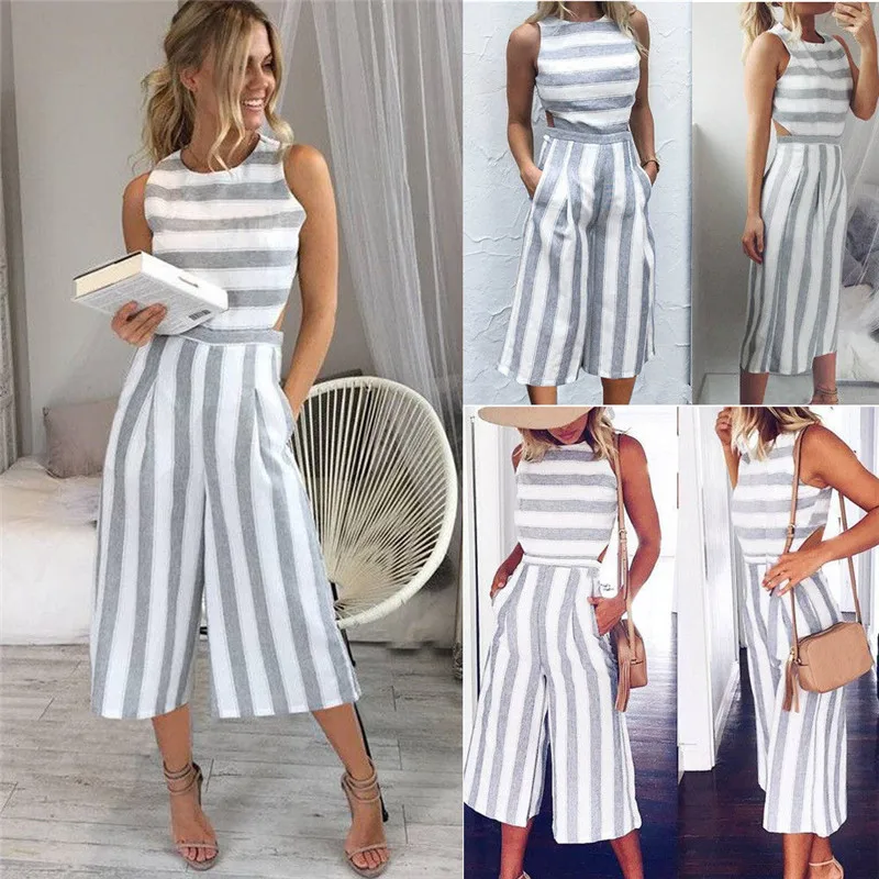 

Elegant Sexy Backless Jumpsuits Women Sleeveless Striped Jumpsuit Loose Trousers Wide Leg Pants Rompers Fashion Holiday Overalls