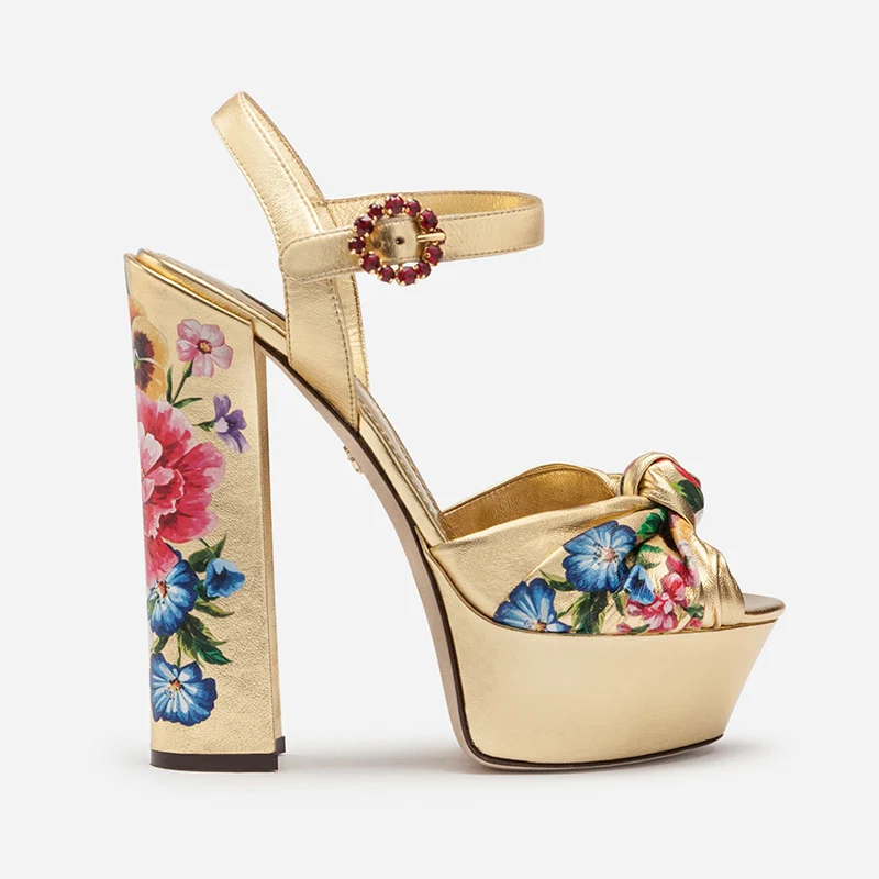 

Womens Rome Platform Peep Toe Gold Printed Floral Ankle Buckle Rhinestones Block High Heel Pumps Slingback Shoes Court Plus Sz