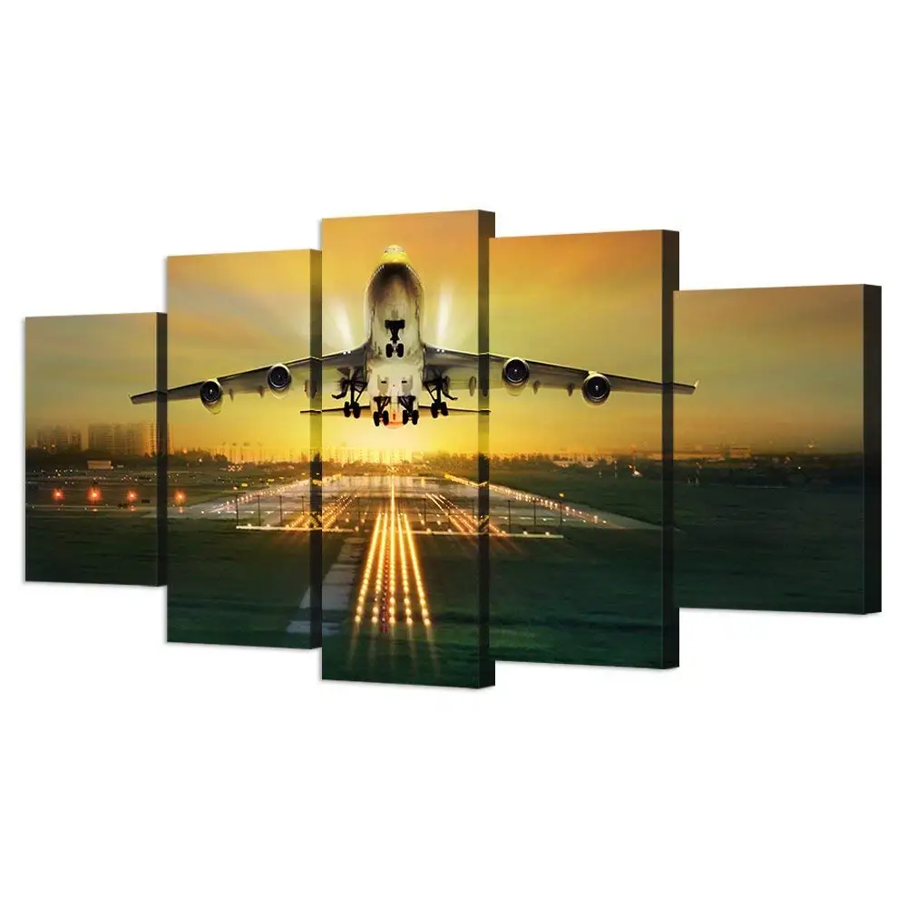 

5 Panel Canvas Wall Art Commercial Airplane Take Off Picture Print Beautiful Airport Night Landscape Painting Drop Shipping