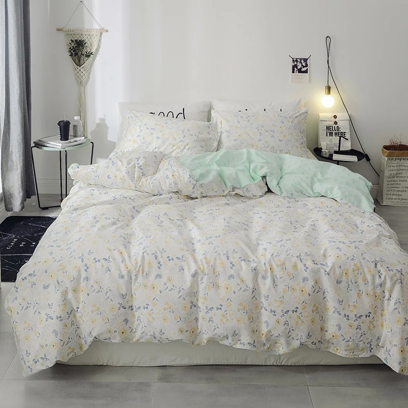 

Fashion Light Blue Small Print Cotton Fabric Soft Bedding Set For Adults 3/4Pcs Queen Size Duvet Cover Bed Sheet Set Pillowcases