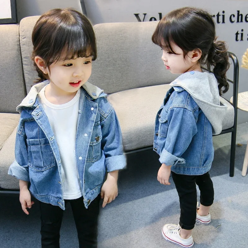 

2019 Girls Jean Jackets Kids Hooded Collar Blue Solid Coat Long Sleeve Denim Outerwear for Girls 2-12Y New Clothes Clothing