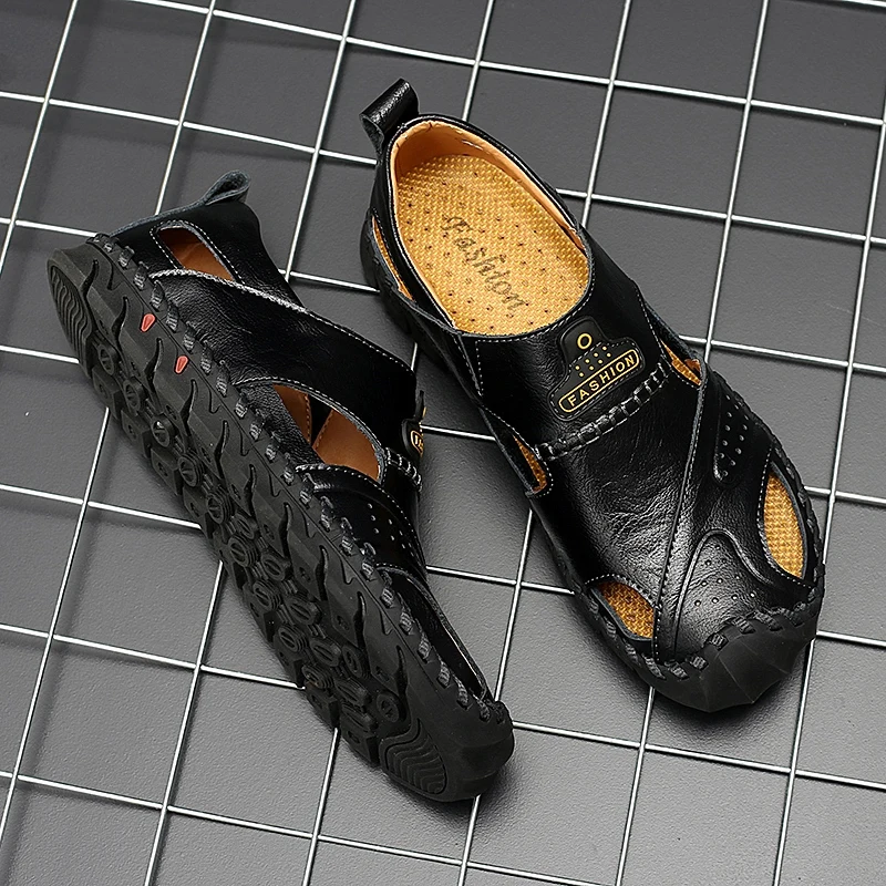 Homens Livre Sapatos Sandálias Bohemia Genuínos Chinelos Big Ar Ao Brown liaght 38 Lazer Size Brown Black Da De 48 Dos Couro dark Moda Verão P4 Praia dw8wItq