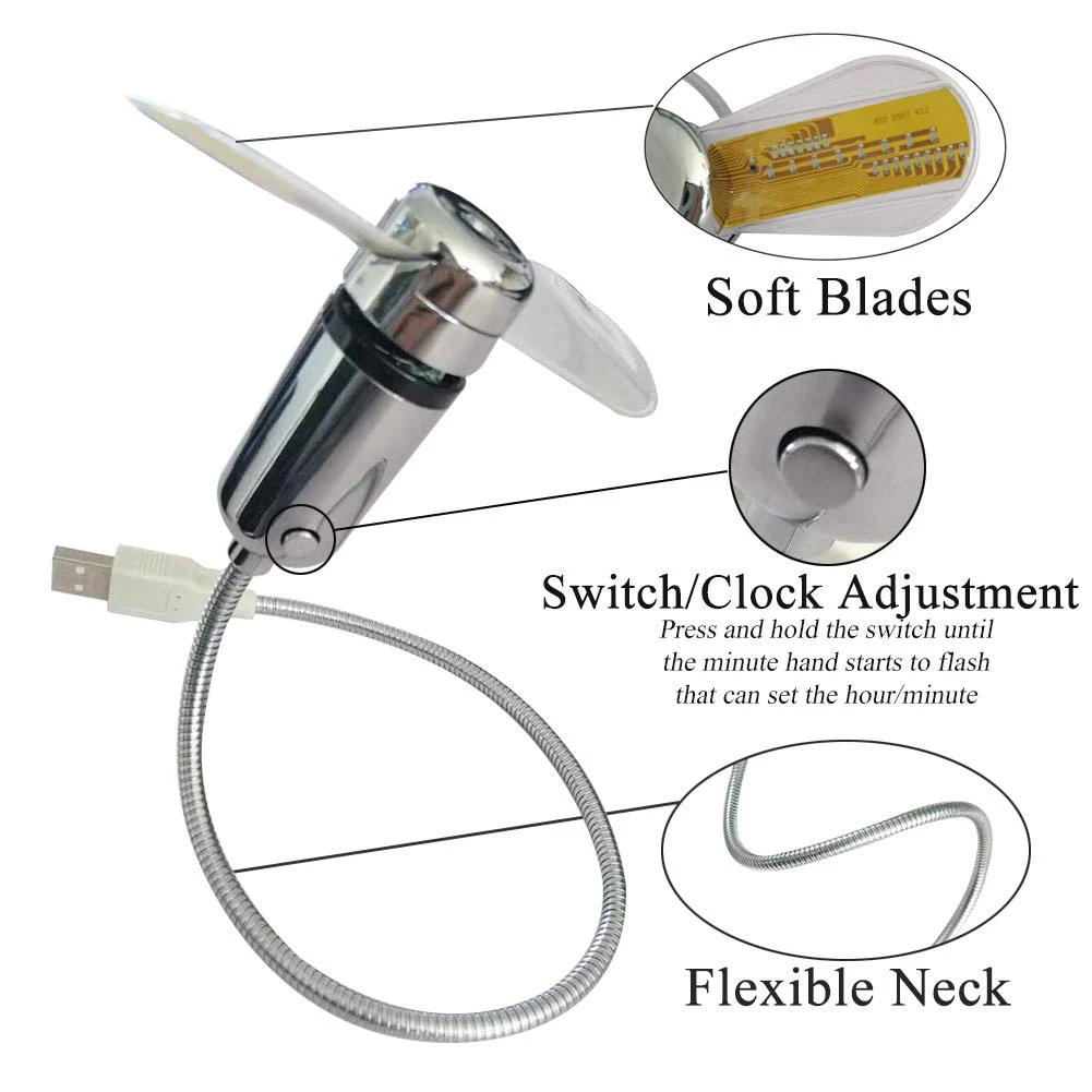Portable USB Fans Mini Time And Temperature Display With Gooseneck LED Light Clock Cool Gadgets Products For Laptop PC