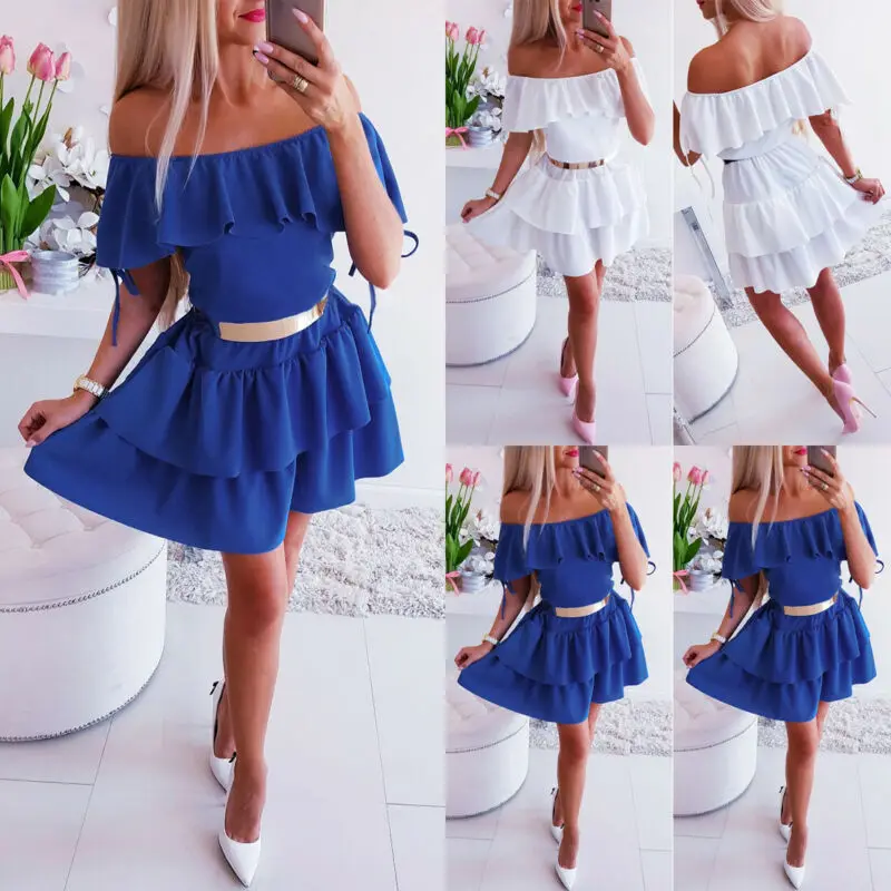 

Hirigin Women Casual Ruffle Short Mini Dress Off Shoulder Party Cocktail Club Pure Color Slash Neck Dresses