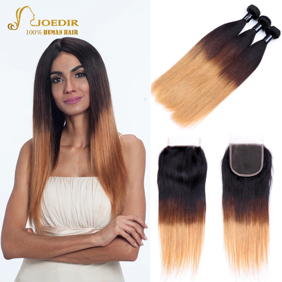 Joedir 3 Bundles Straight Hair with Closure Peruvian Weave Ombre Remy Human Weft | Шиньоны и парики