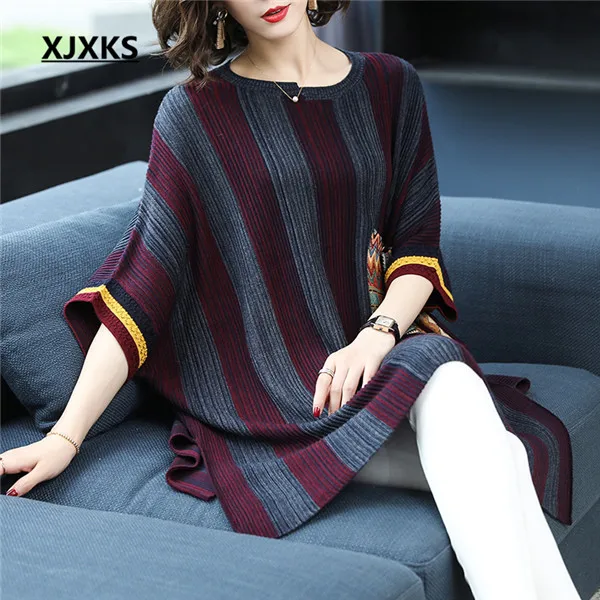 Фиолетовый XJXKS maglione donna, полосатый лоскутный свитер с карманами, женский свитер большого размера, осенняя мода, Женский пуловер, femme hiver - Цвет: Фиолетовый