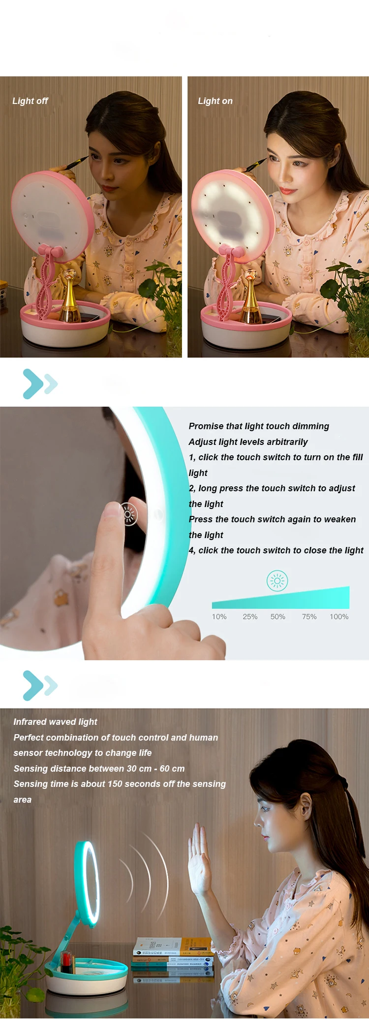Зеркало led настольные набор для макияжа подарок для женщины инфракрасные датчики красочная настольная лампа свет зеркало с аккумуляторная