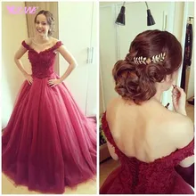 Weinrot Weg Von der Schulter Prom Kleider Lange Ballkleider Party Kleid Tulle Lace up Bodenlangen Abendkleider