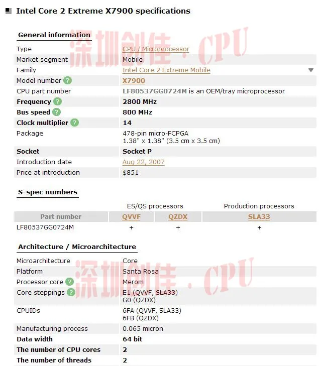 Процессор Intel X7900 для ноутбука Intel Core 2 Duo Extreme 4M 2,80G 800MHz SLA33 SLAF4 PM965