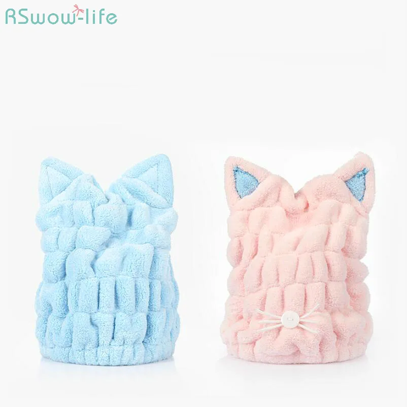 

Coral Velvet Dry Hair Cap Soft Absorbent Cat Ear Dry Hair Thickened Adult Bathroom Shower Caps For Woman Cartoon Shower Hat Soft