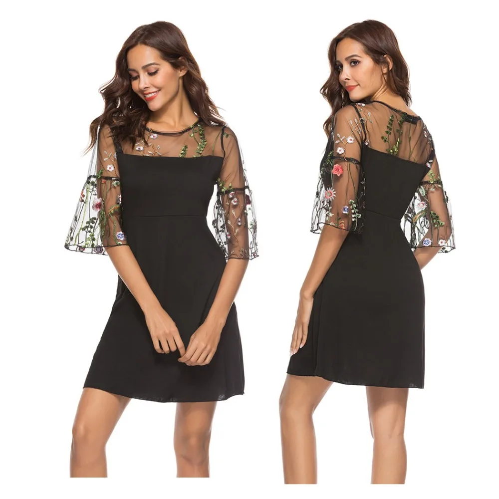 2019 Summer New Arrival Plus Size 5XL Boho Maxi Women Black Knee-Length Dresses Lace Floral Embroidery Ladies Prom Party Dress | Женская