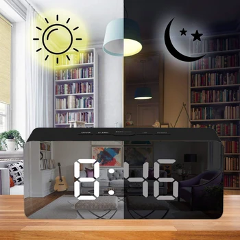 

Creative LED Mirror Digital Alarm Clock Snooze Table Clock Wake Up Light Electronic Temperature Display Home Kitchen Clock Decor