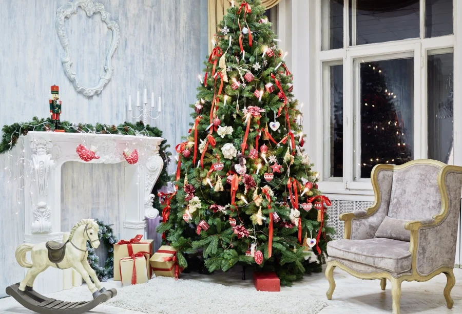 

Laeacco Photo Backdrops Christmas Candle Tree Gift Armchair Fireplace Child Baby Toys Photo Backgrounds Photocall Photo Studio