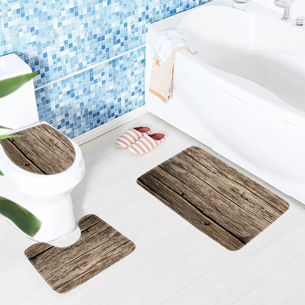 Bath Mat Sets 3 Piece Creative Wood Pattern Non Slip Bathroom Bath