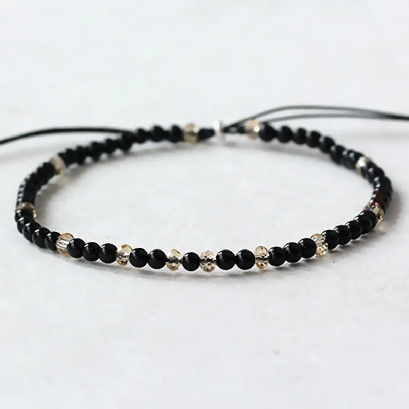 

Natural Stone Small Beads Bracelets For Women Black Onyx Handmade Yoga Healing Balance 925 Silver Reiki Prayer Thin Bracelets