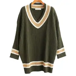2018 Новое поступление осень Для женщин Изысканные BF Стиль v-образным вырезом с длинным рукавом полосатый вязаный пуловер осень-зима