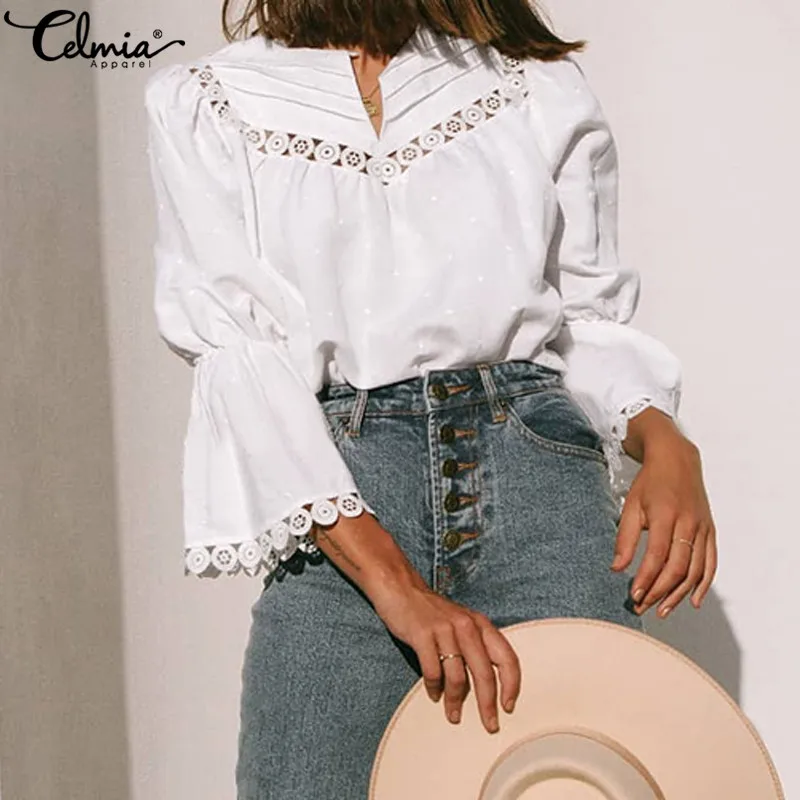 

Plus Size Women Summer Tops Elegant White Lace Stitching Blouses Celmia Flare Sleeve Shirt Hollow Casual Loose Blusas Femininas