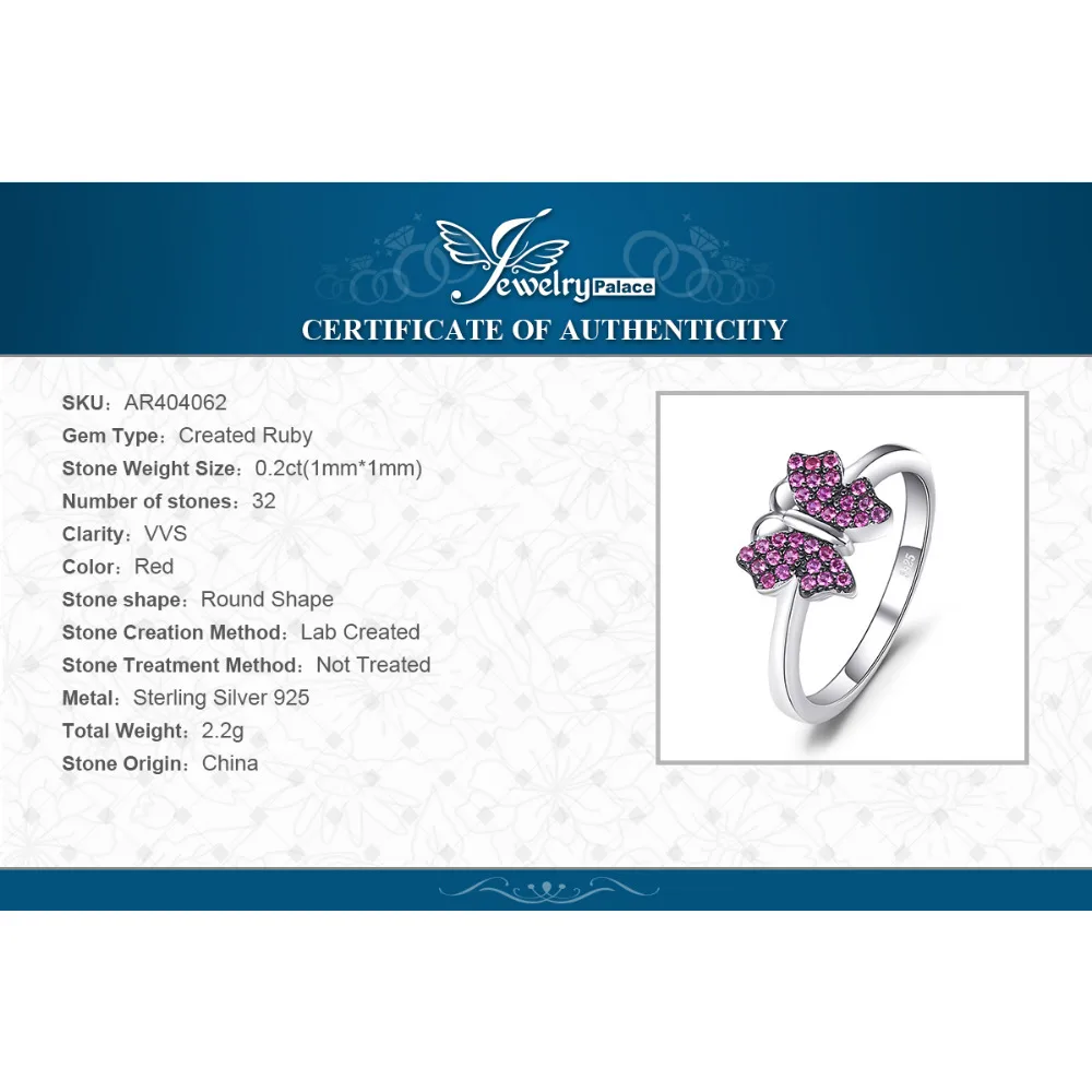 Jewelrypalace бабочка 0.2ct СОЗДАН RUBY Проложить Кольцо стерлингового серебра 925 Шарм S925 стерлингов Серебряные кольца для Для женщин заявление Je