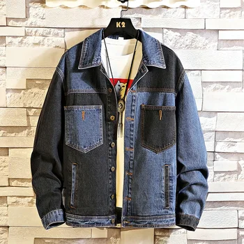 

2019 Autumn New Men's Denim Jacket Blue Black Contrast Fashion Jeans Jacket Men Washed Streetwear Windbreaker Coat Male 5XL