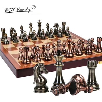 Buy Online Best Quality Metal Chess Set High-grade Gift Travel International Chess Game Folding Wooden Mold Chessboard Kirsite Chess Pieces Metal Chessmen-