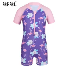 Быстросохнущий купальный костюм для маленьких девочек, цельный купальный костюм, купальный костюм с короткими рукавами, цветочным принтом и принтом фламинго, купальный костюм