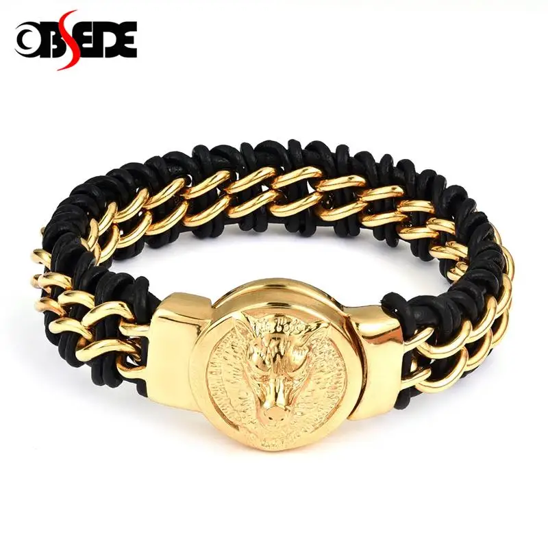 

OBSEDE Fine Jewelry For Men Personality Titanium Steel Chain Bracelet Wolf Logo For Biker Motorcycle Motor Rock Punk Style 220mm