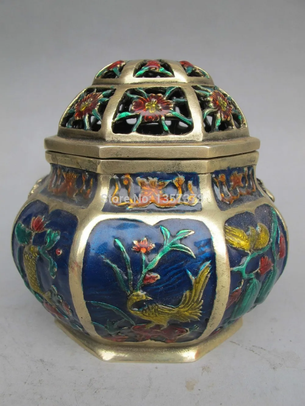 

shitou 00334 China handmade cloisonne bronze lucky Flowers statue collection jar