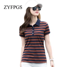 ZYFPGS Летняя женская полосатая рубашка поло с коротким рукавом женская одежда мода плюс размер M-4XL Повседневная тонкая футболка L0514