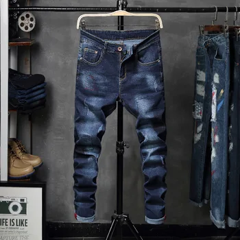 

2018 Men Jeans Spring Autumn Skinny Washed Casual Men Denim Jeans Geometric Distressed Pleated Retro Mens Denim Slim Pants