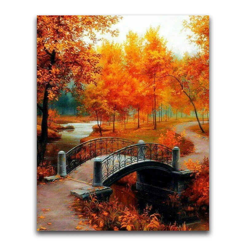 square Diamond painting Cross stitch maple tree leaves full round Diamond mosaic natural landscape DIY Diamond embroidery bridge