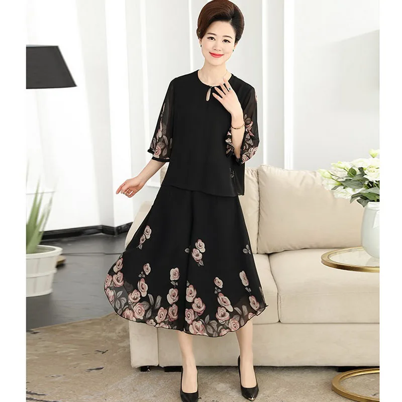 

Mother Summer Suit Ladies Large Size 6XL Chiffon T-Shirt Pants Casual Loose Printing High Temperament Ladies Suit Two-Piece Set