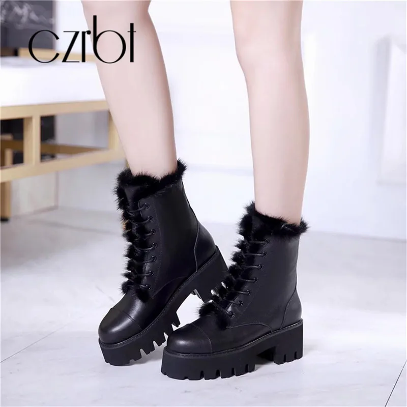 

czrbt 2018 Winter Women Boots Fashion Genuine Leather Lace-Up Warm Snow Boots Casual Thick Bottom Non-Slip Ankle Martin Boots